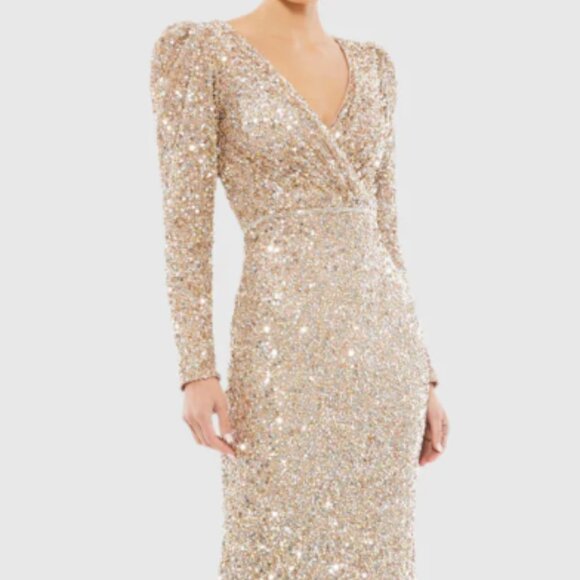 MAC DUGGAL 5510 PUFF SHOULDER SEQUINED SURPLICE SHIMMERING GOLD GOWN sz 8 - Picture 5 of 8